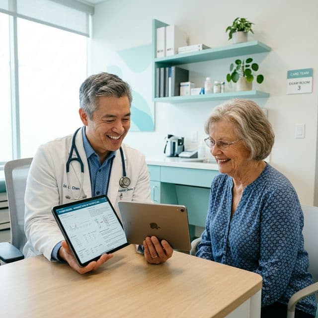 Male doctor showing a tablet to a patient
